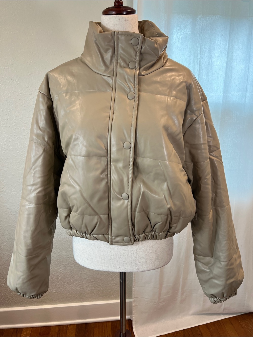 Le Lis Taupe Faux Leather Puffer Jacket with High Collar. Size L. NWT
